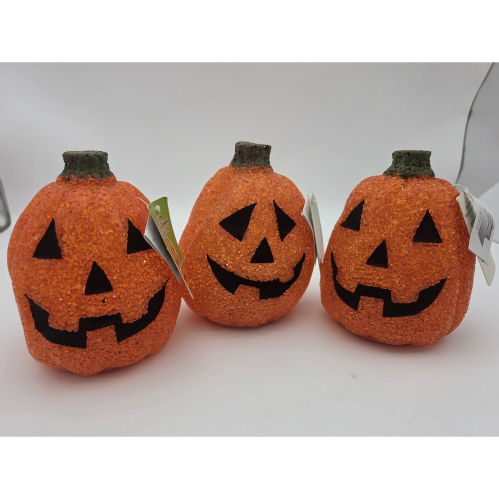 Lot- 3 Nos Vtg Jack O Lantern  Melted Plastic Popcorn Halloween Light Up Pumpkin